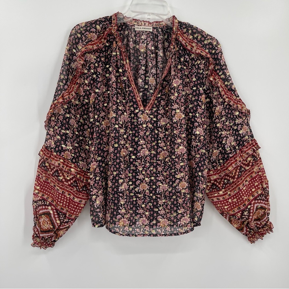 Ulla Johnson Black Floral Boho Peasant Blouse with Red Accents - Picture 11 of 12